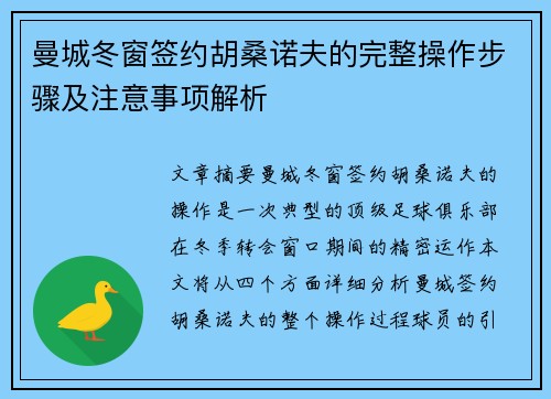 曼城冬窗签约胡桑诺夫的完整操作步骤及注意事项解析