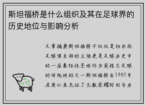 斯坦福桥是什么组织及其在足球界的历史地位与影响分析