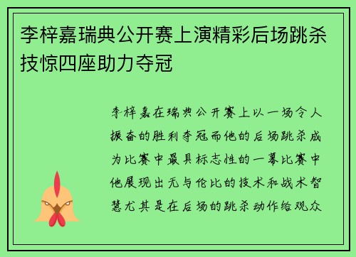 李梓嘉瑞典公开赛上演精彩后场跳杀技惊四座助力夺冠