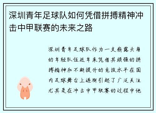 深圳青年足球队如何凭借拼搏精神冲击中甲联赛的未来之路 深圳青年足球队如何凭借拼搏精神冲击中甲联赛的未来之路